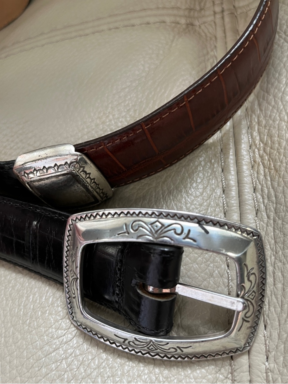 Vintage Brighton Black and Brown Leather Belt with Ornate Silver Buckle